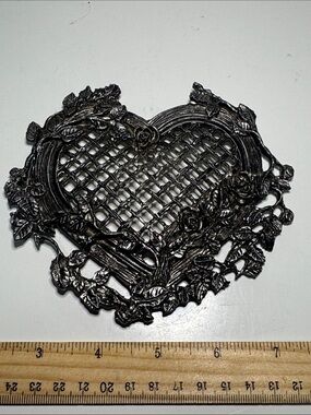 vintage Metzke pewter heart-shaped potpourri jar lid rose ivy filigree design.